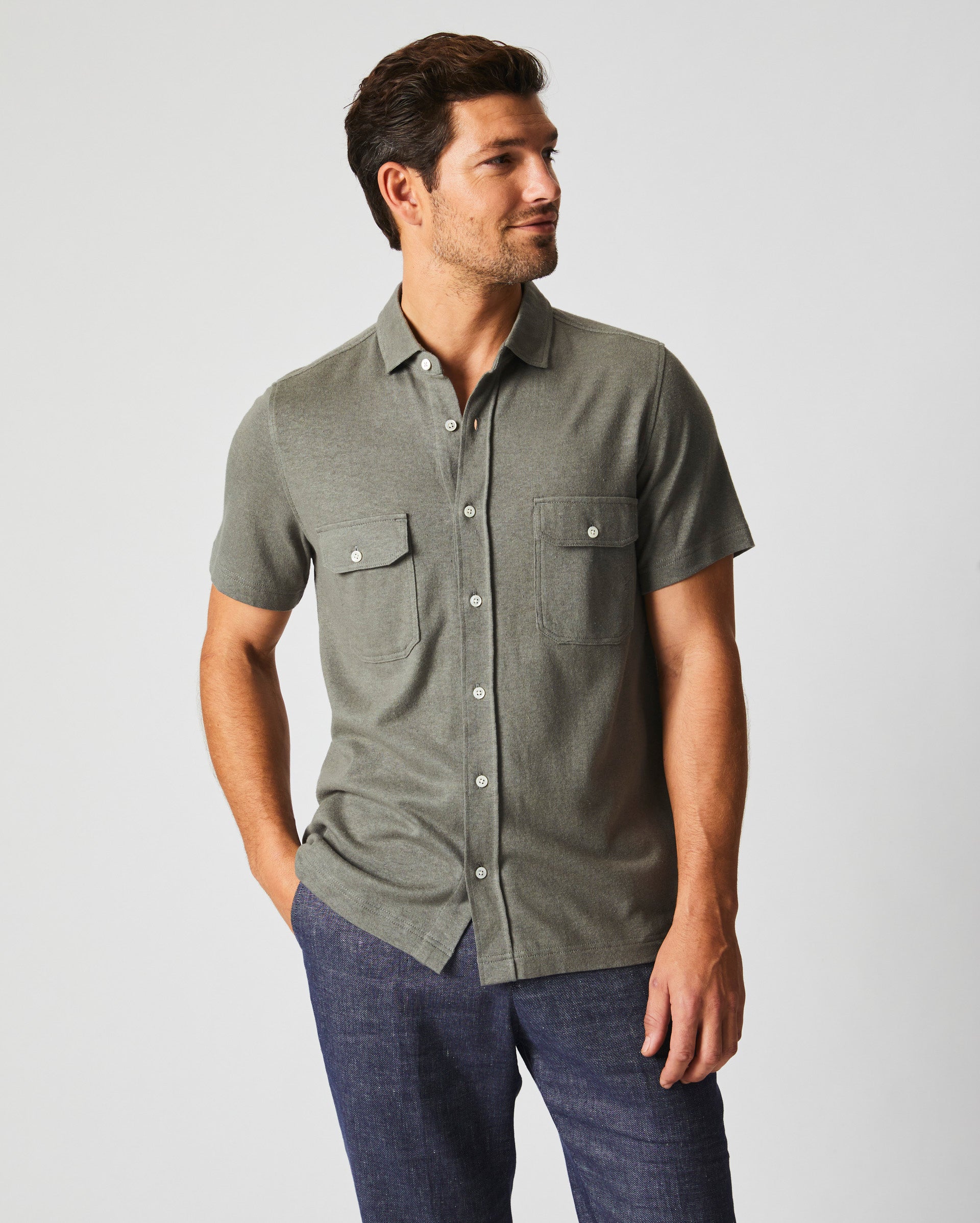 Short Sleeve Hemp Cotton Knit Shirt Washed Grey Billy Reid