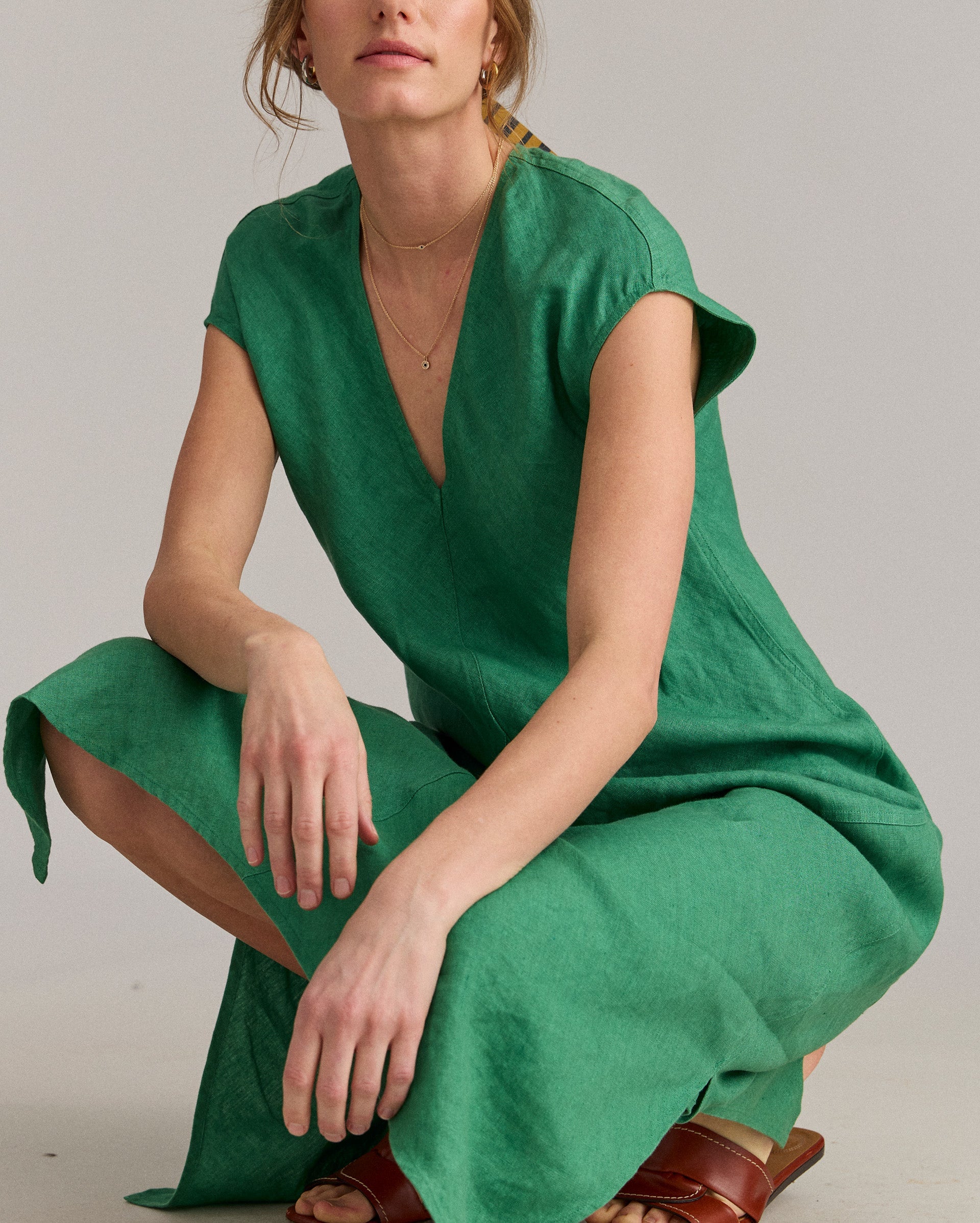 Maxi Bias Linen Dress Green Billy Reid