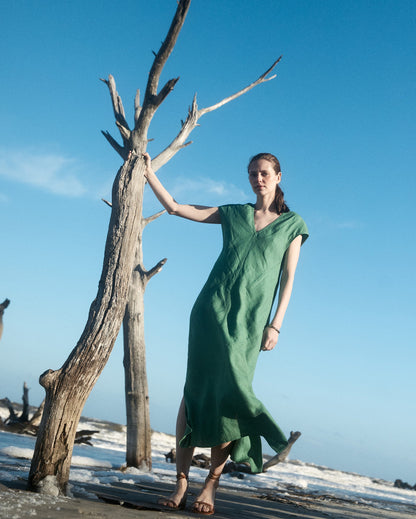 Maxi Bias Linen Dress Green Billy Reid
