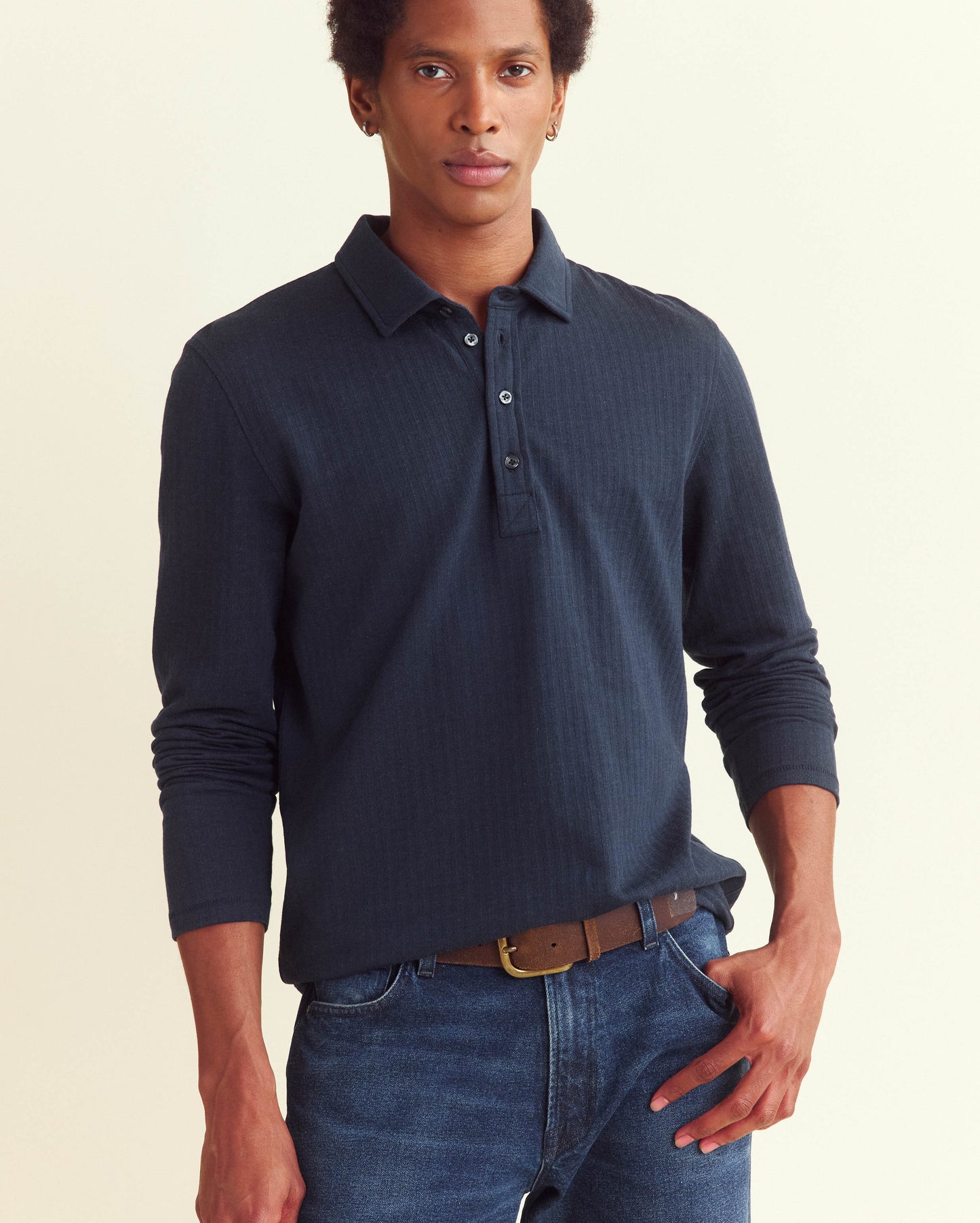 Long Sleeve Herringbone Polo Carbon Blue Billy Reid