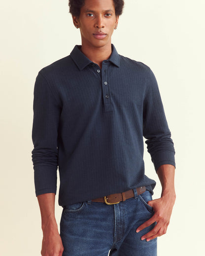 Long Sleeve Herringbone Polo Carbon Blue Billy Reid