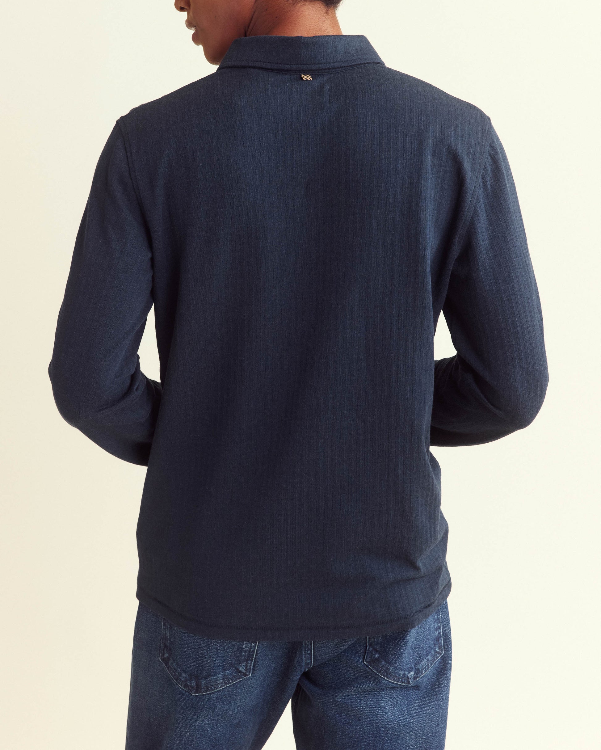 Long Sleeve Herringbone Polo Carbon Blue Billy Reid