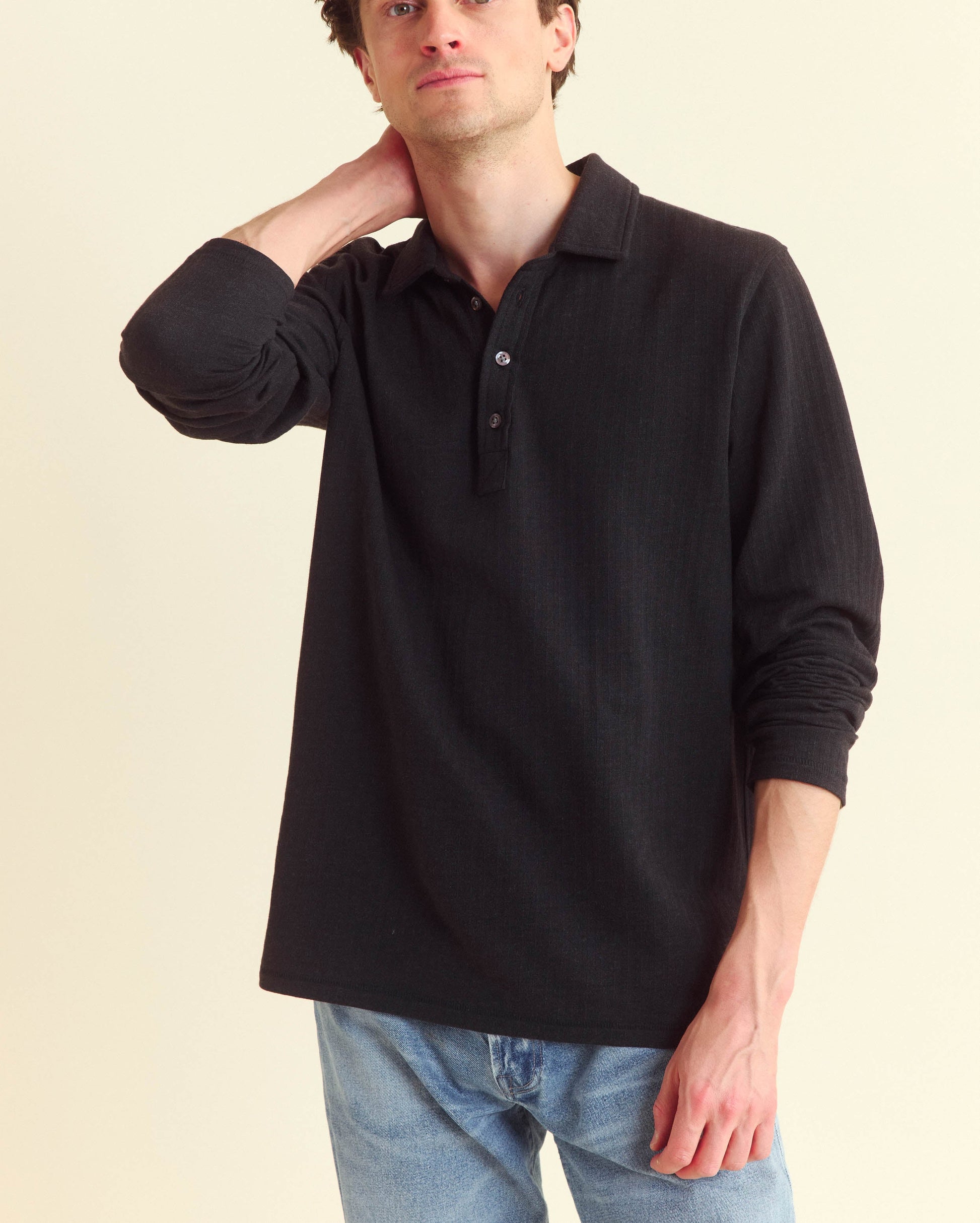 Long Sleeve Herringbone Polo Black Billy Reid