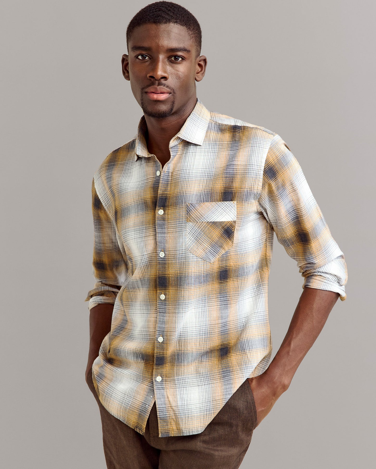 Melange Shadow Plaid John T Shirt Honey Multi Billy Reid