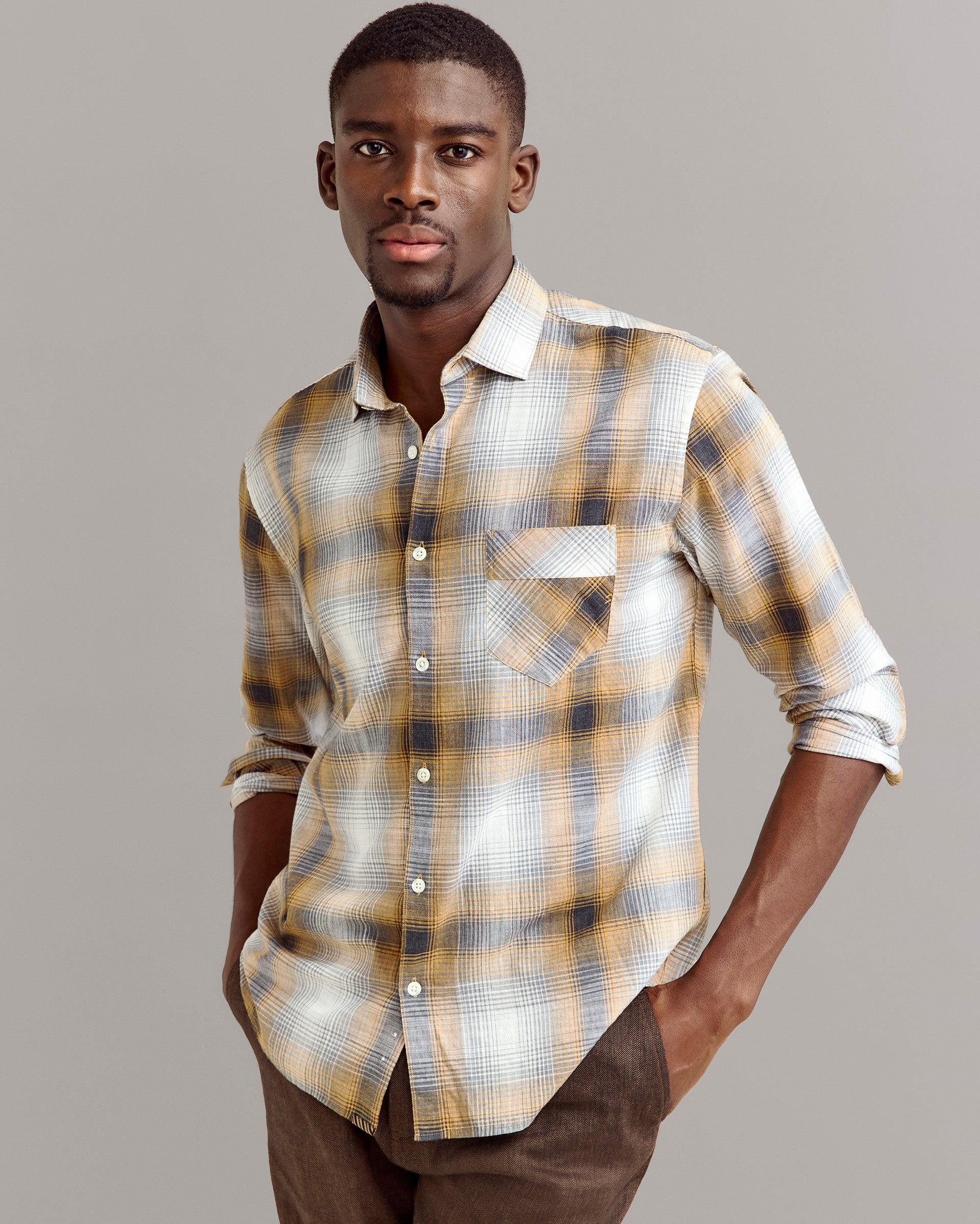 Melange Shadow Plaid John T Shirt Honey Multi Billy Reid