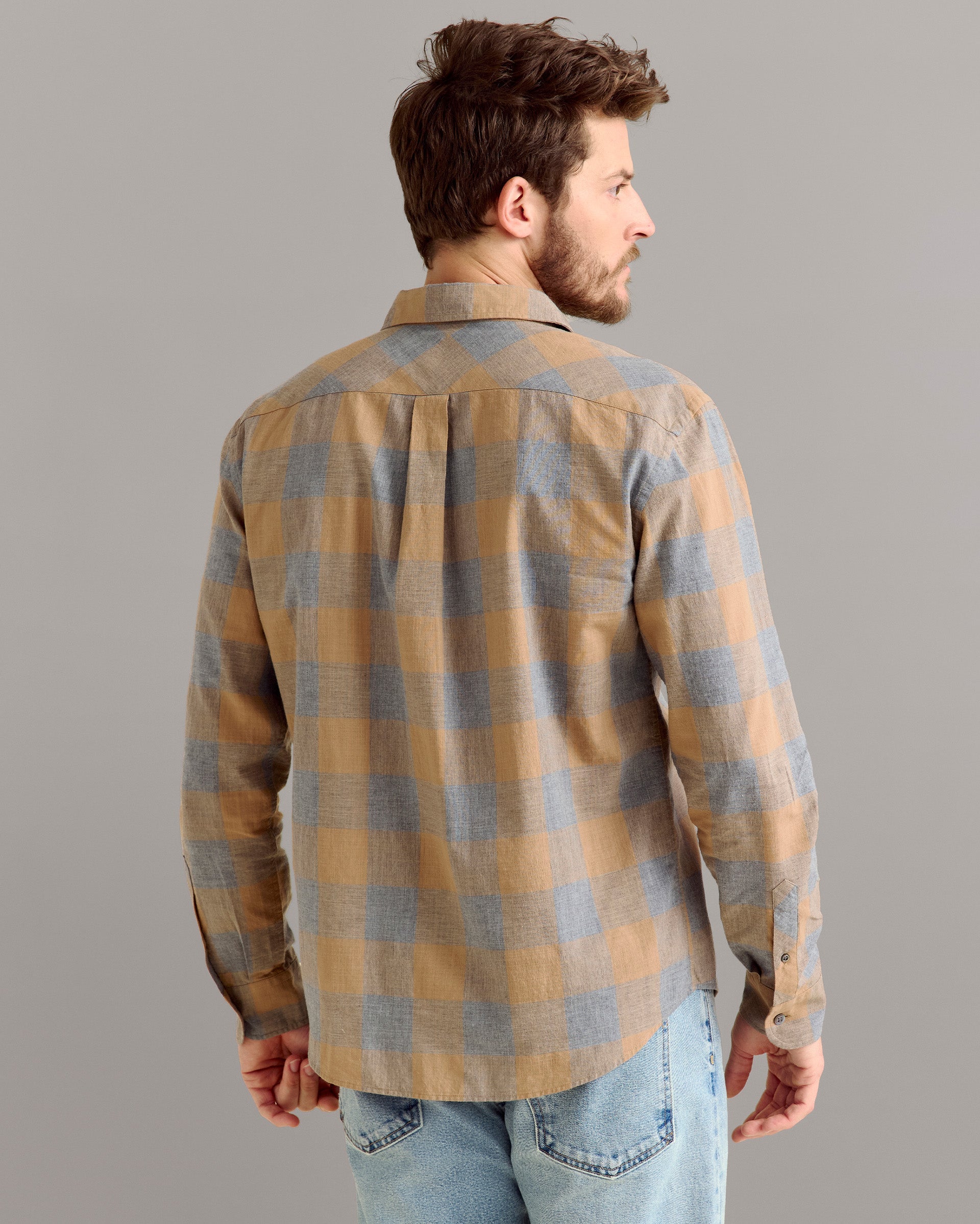 Large Scale Melange Gingham Pickwick Shirt British Khaki Grey Billy Reid
