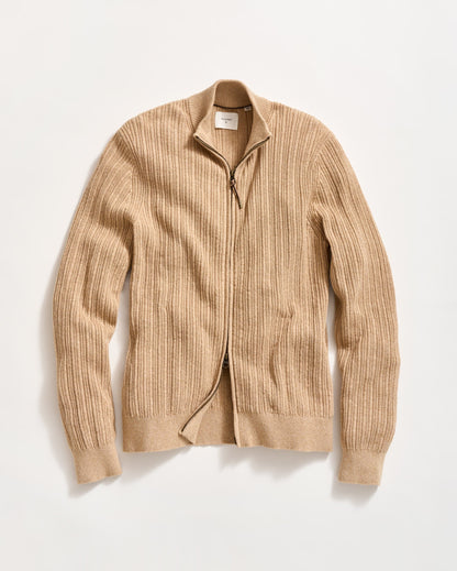 Heirloom Rib Two Way Zip Cardigan Camel Heather Billy Reid