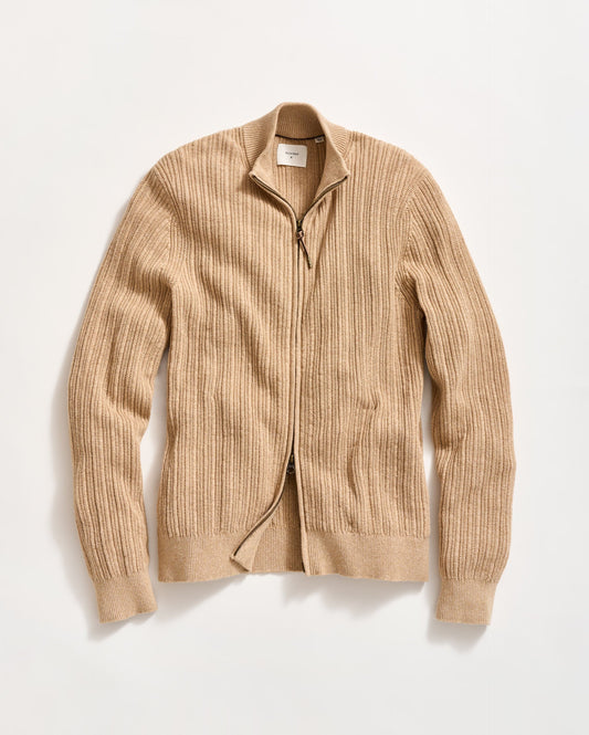 Heirloom Rib Two Way Zip Cardigan Camel Heather Billy Reid