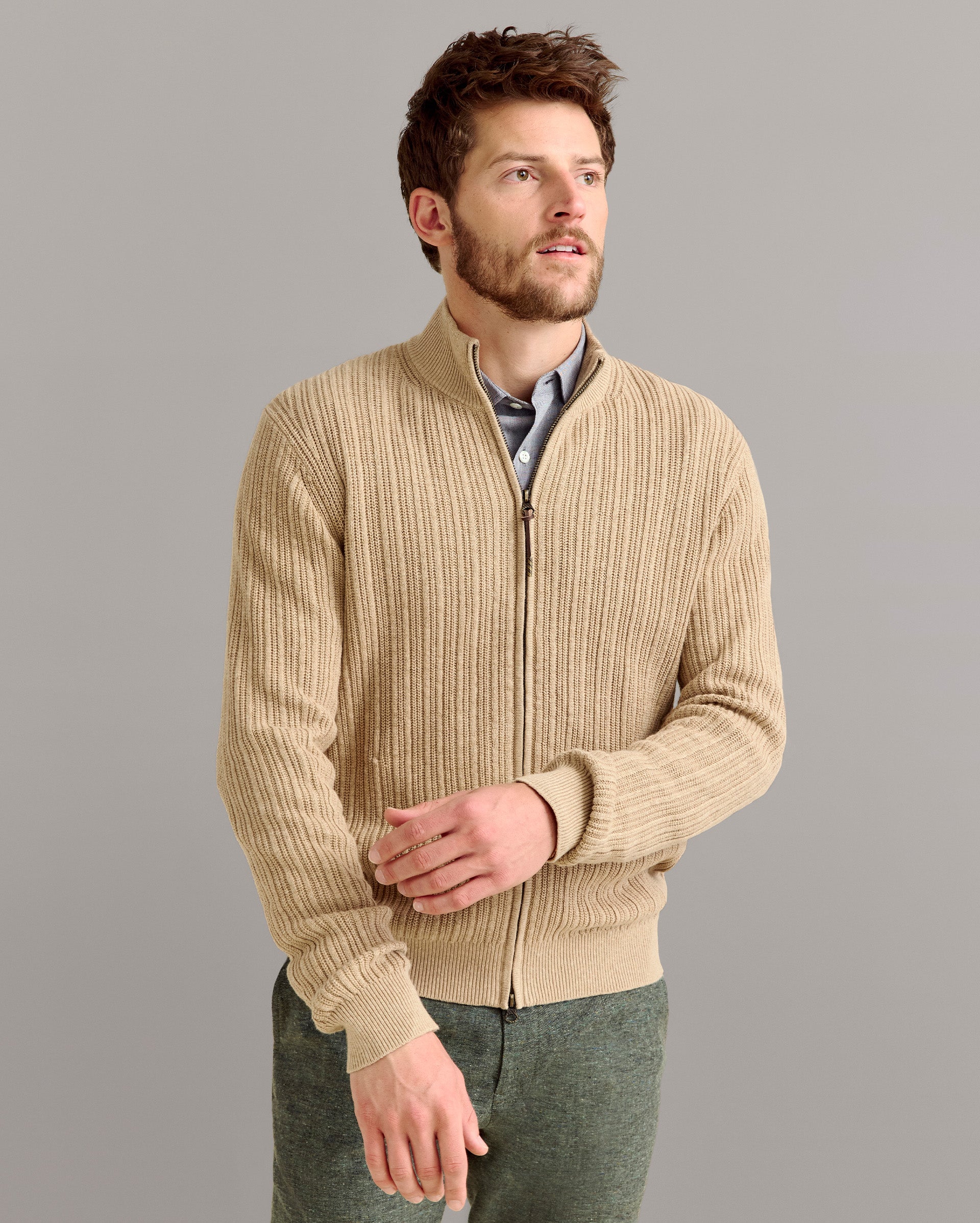 Heirloom Rib Two Way Zip Cardigan Camel Heather Billy Reid