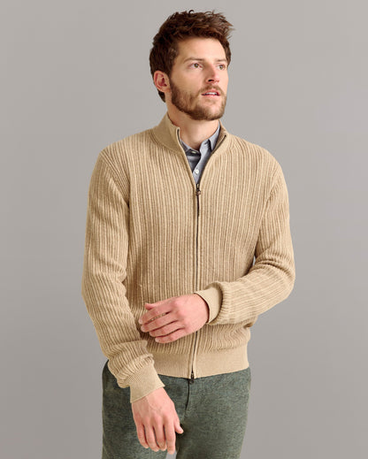 Heirloom Rib Two Way Zip Cardigan Camel Heather Billy Reid