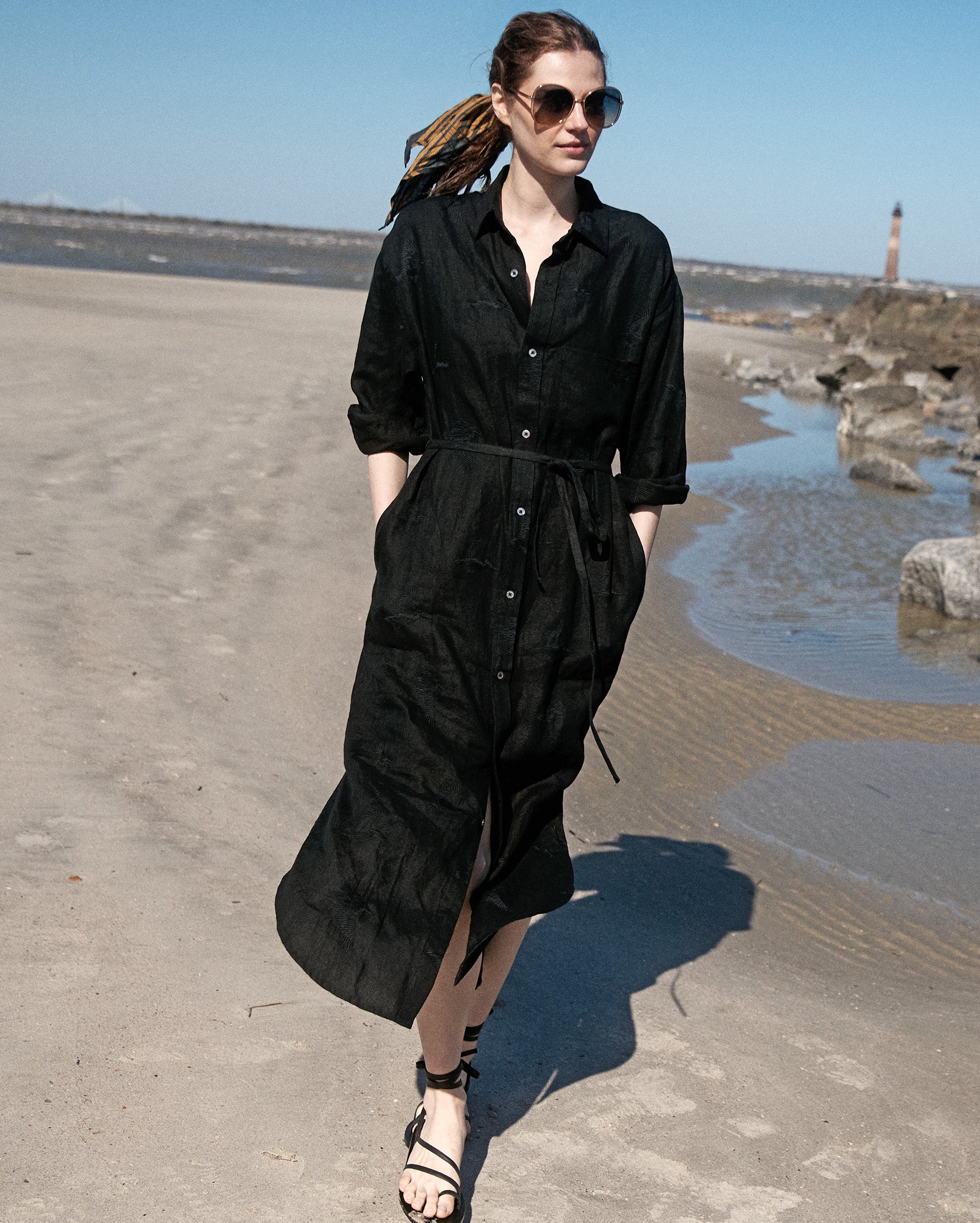 Linen Pelican Maxi Shirt Dress Black Billy Reid
