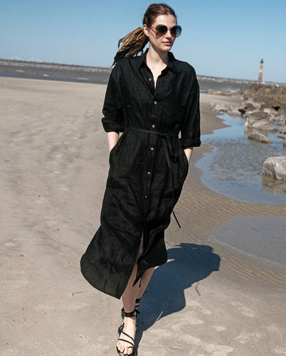 Linen Pelican Maxi Shirt Dress Black Billy Reid