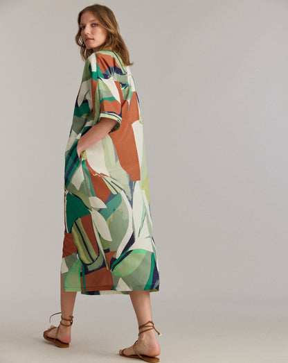 Collage Tropical Silk V-Pleat Maxi Dress Green Multi Billy Reid
