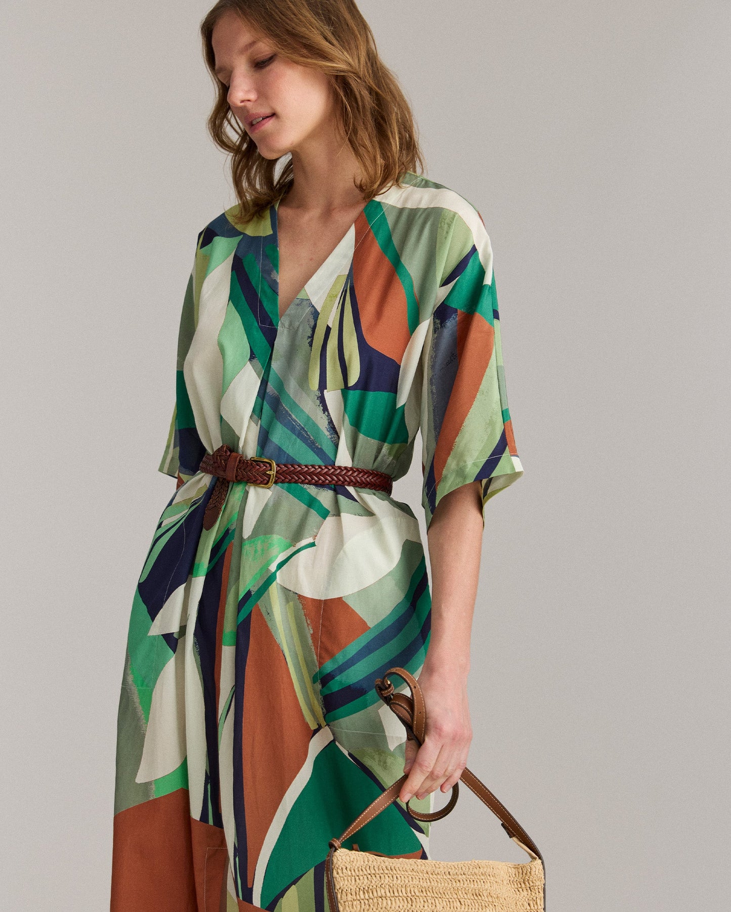 Collage Tropical Silk V-Pleat Maxi Dress Green Multi Billy Reid