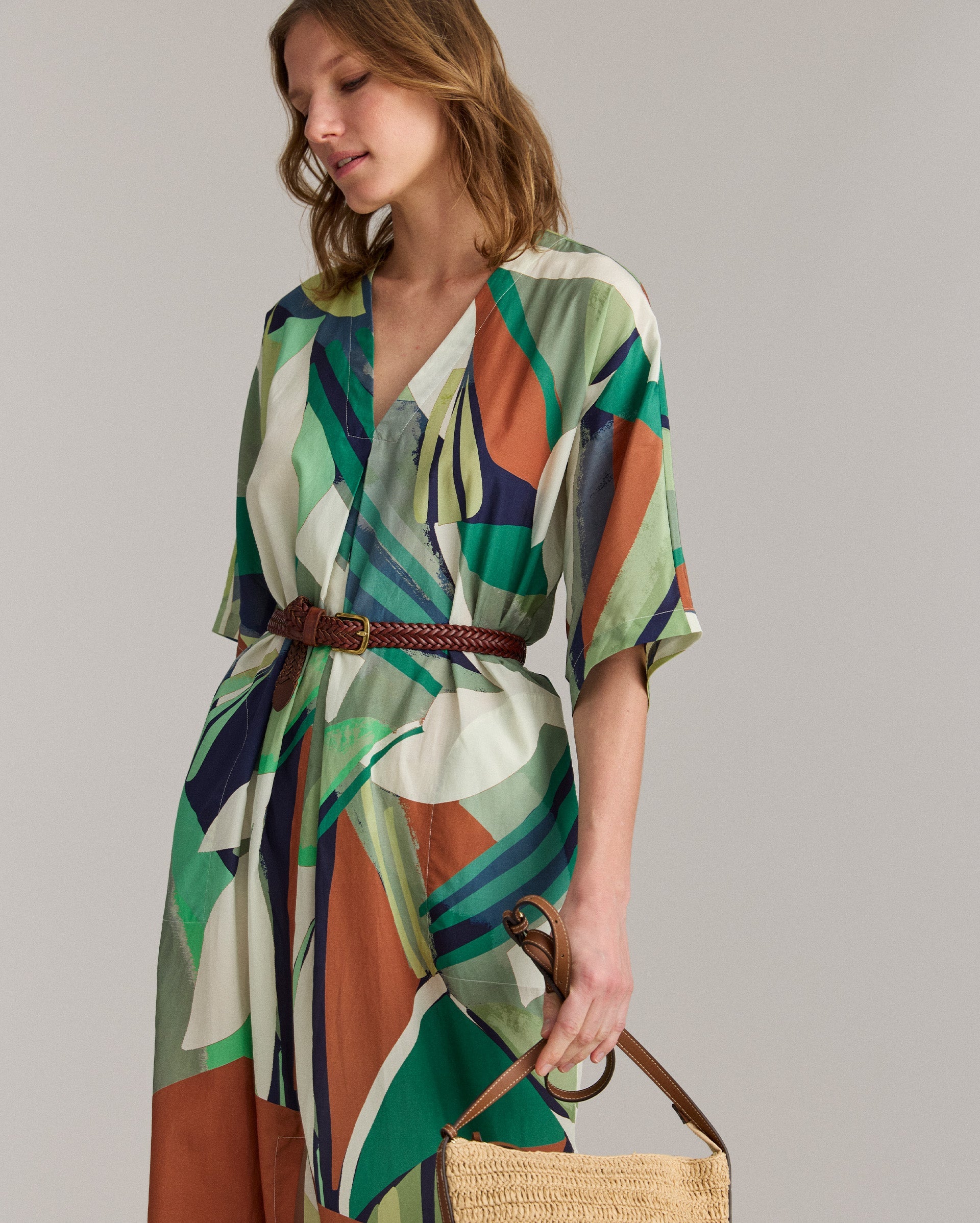 Collage Tropical Silk V-Pleat Maxi Dress Green Multi Billy Reid