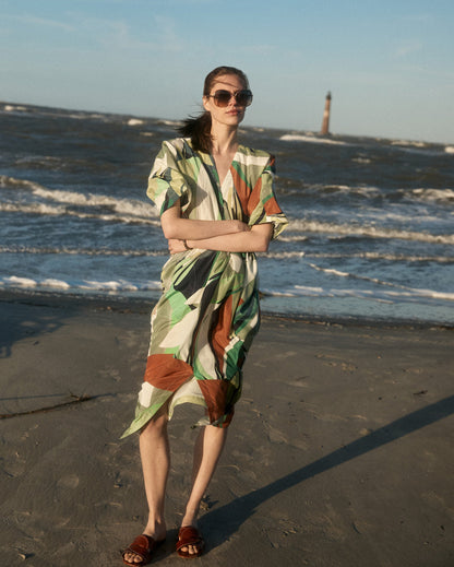 Collage Tropical Silk V-Pleat Maxi Dress Green Multi Billy Reid