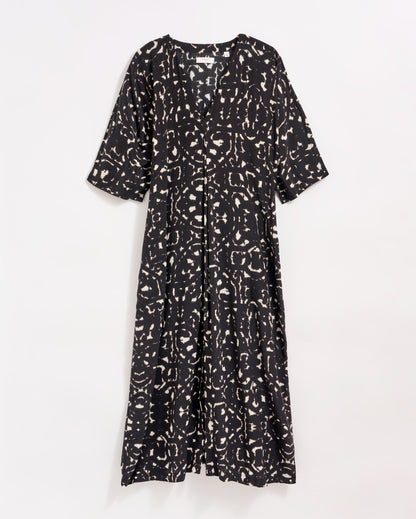 Moroccan Screen Silk V-Pleat Maxi Dress Black/Ivory Billy Reid