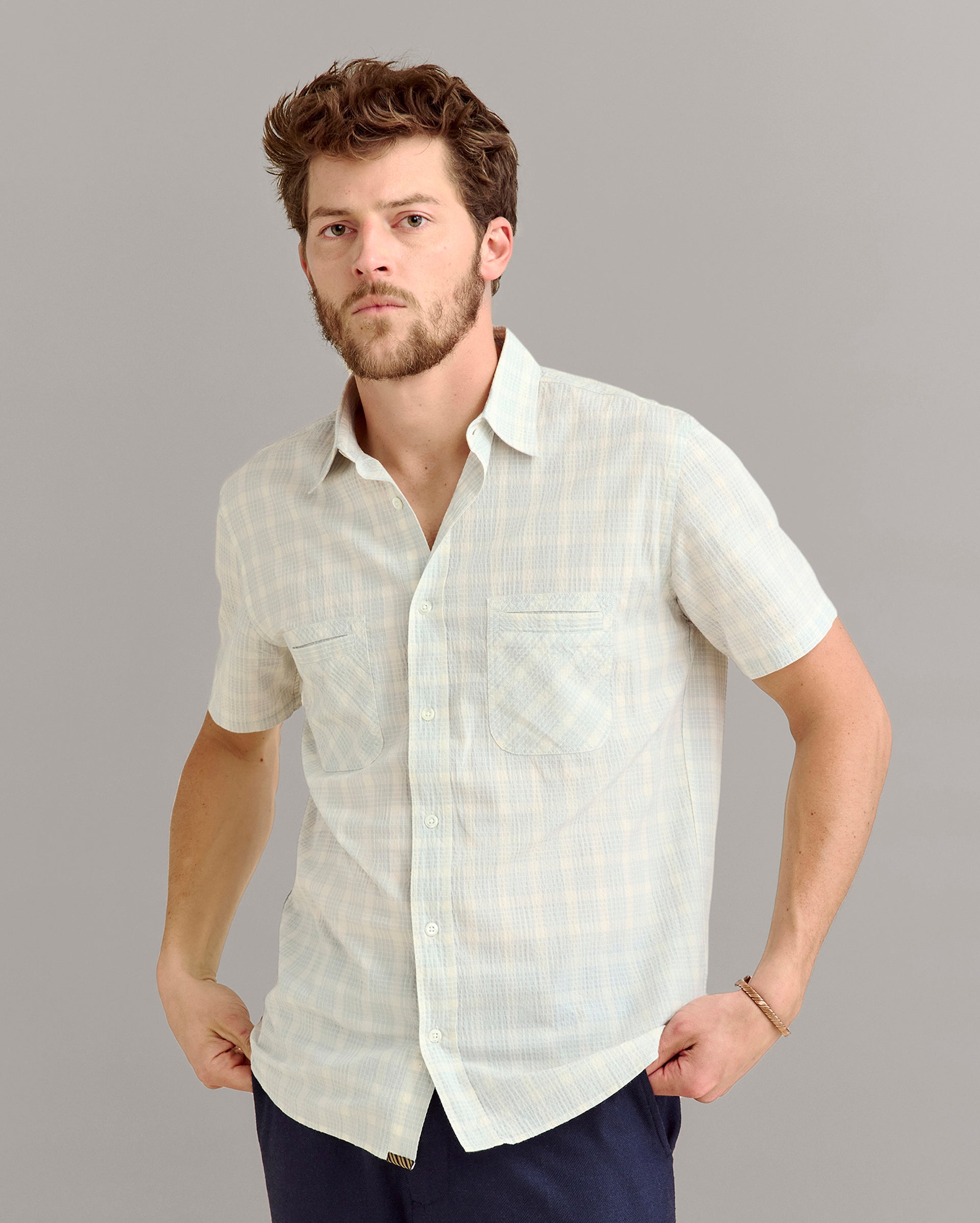 Short Sleeve Seersucker Donelson Shirt Dew Blue Billy Reid