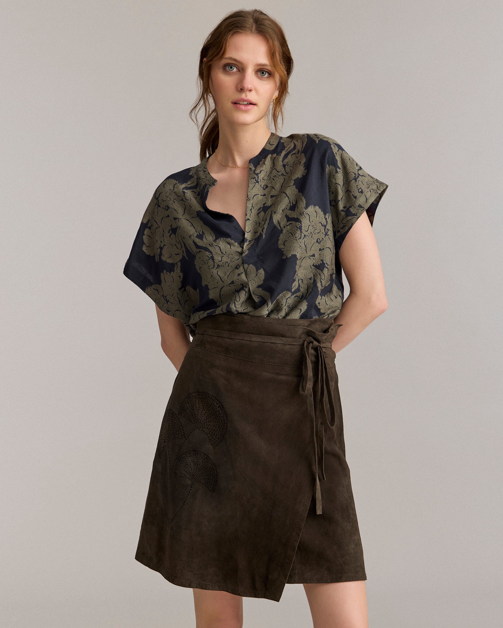 Juniper Jacquard Short Sleeve Blouse Carbon Blue/Olive Billy Reid