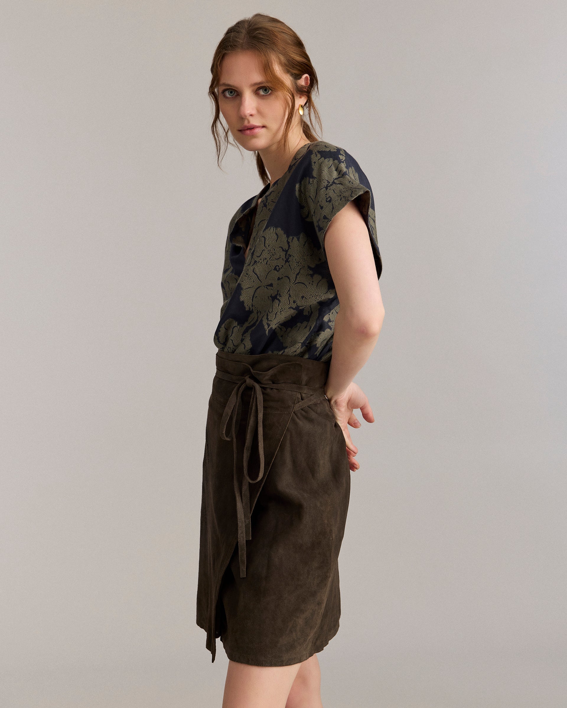 Juniper Jacquard Short Sleeve Blouse Carbon Blue/Olive Billy Reid