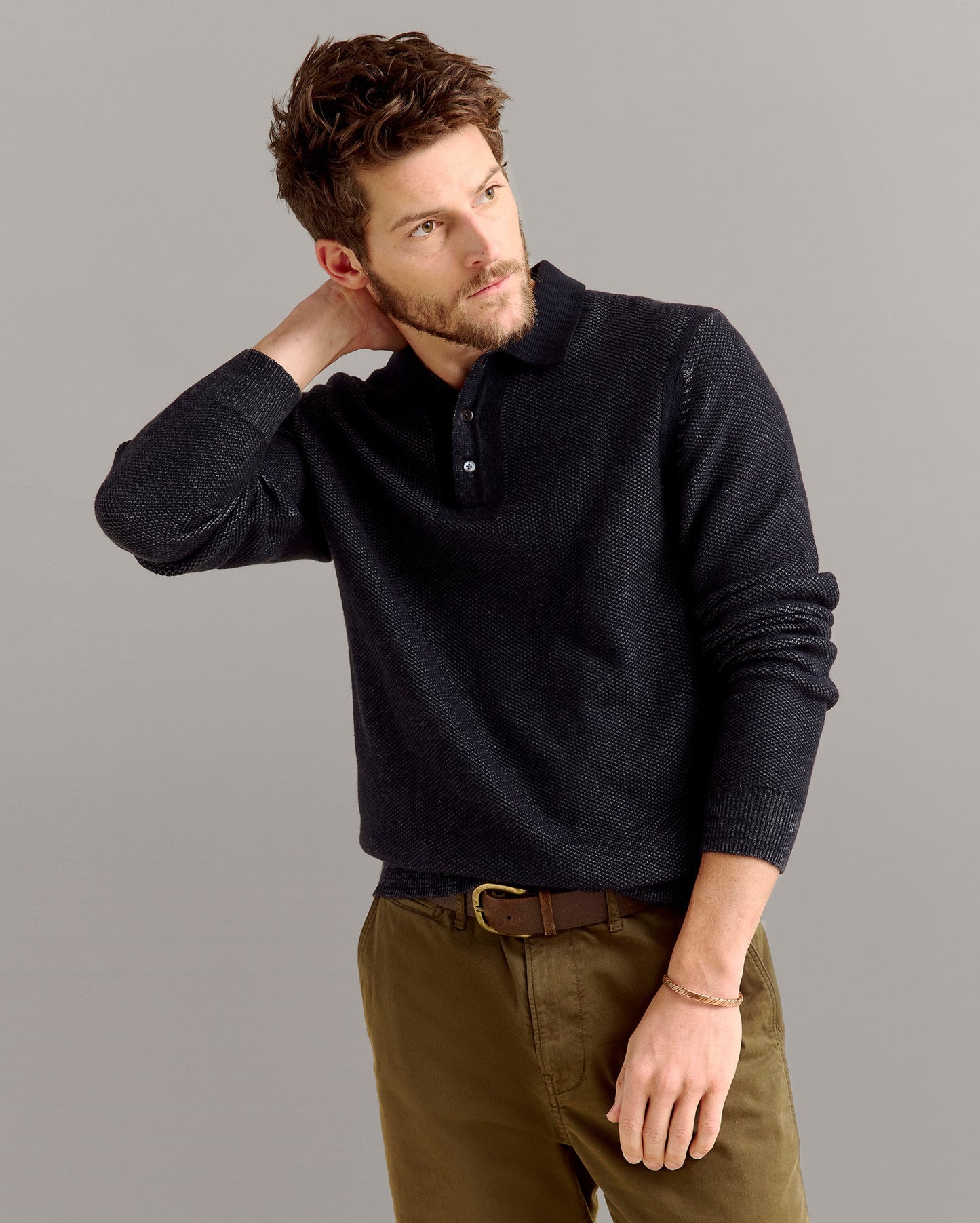 Long Sleeve Geo Float Jacquard Polo Black Asphalt Billy Reid