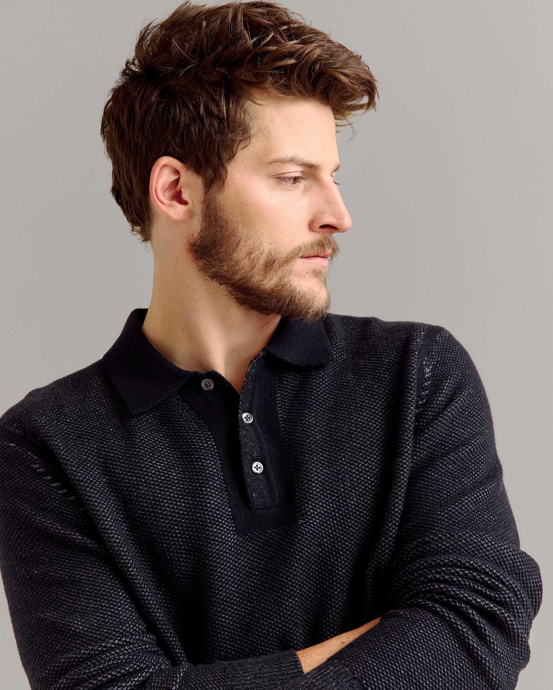 Long Sleeve Geo Float Jacquard Polo Black Asphalt Billy Reid