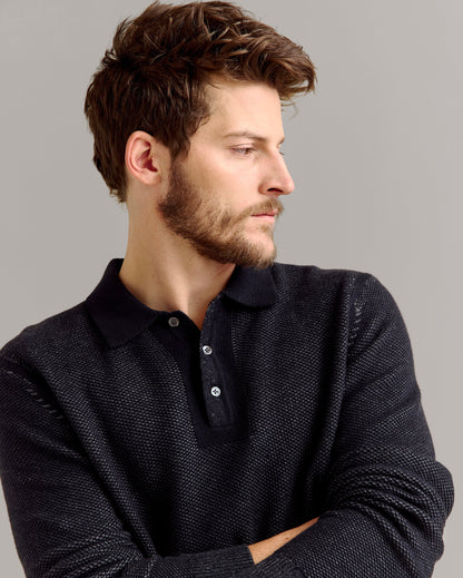 Long Sleeve Geo Float Jacquard Polo Black Asphalt Billy Reid