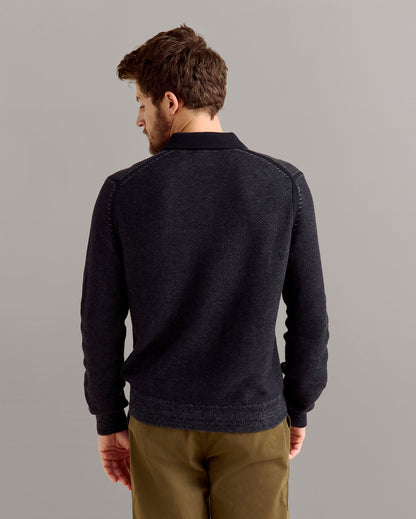 Long Sleeve Geo Float Jacquard Polo Black Asphalt Billy Reid