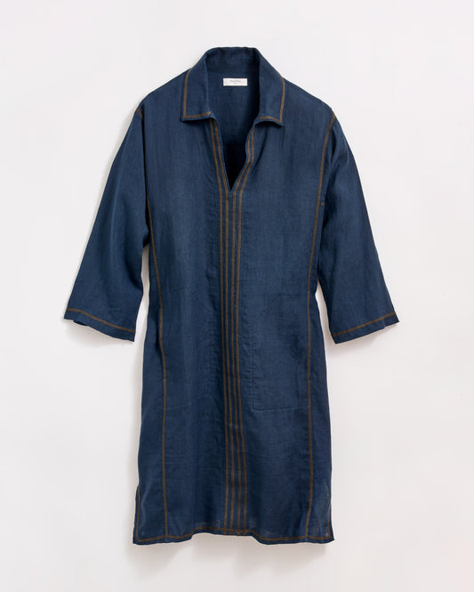 Linen Chainstitch Tunic Dress Navy Billy Reid