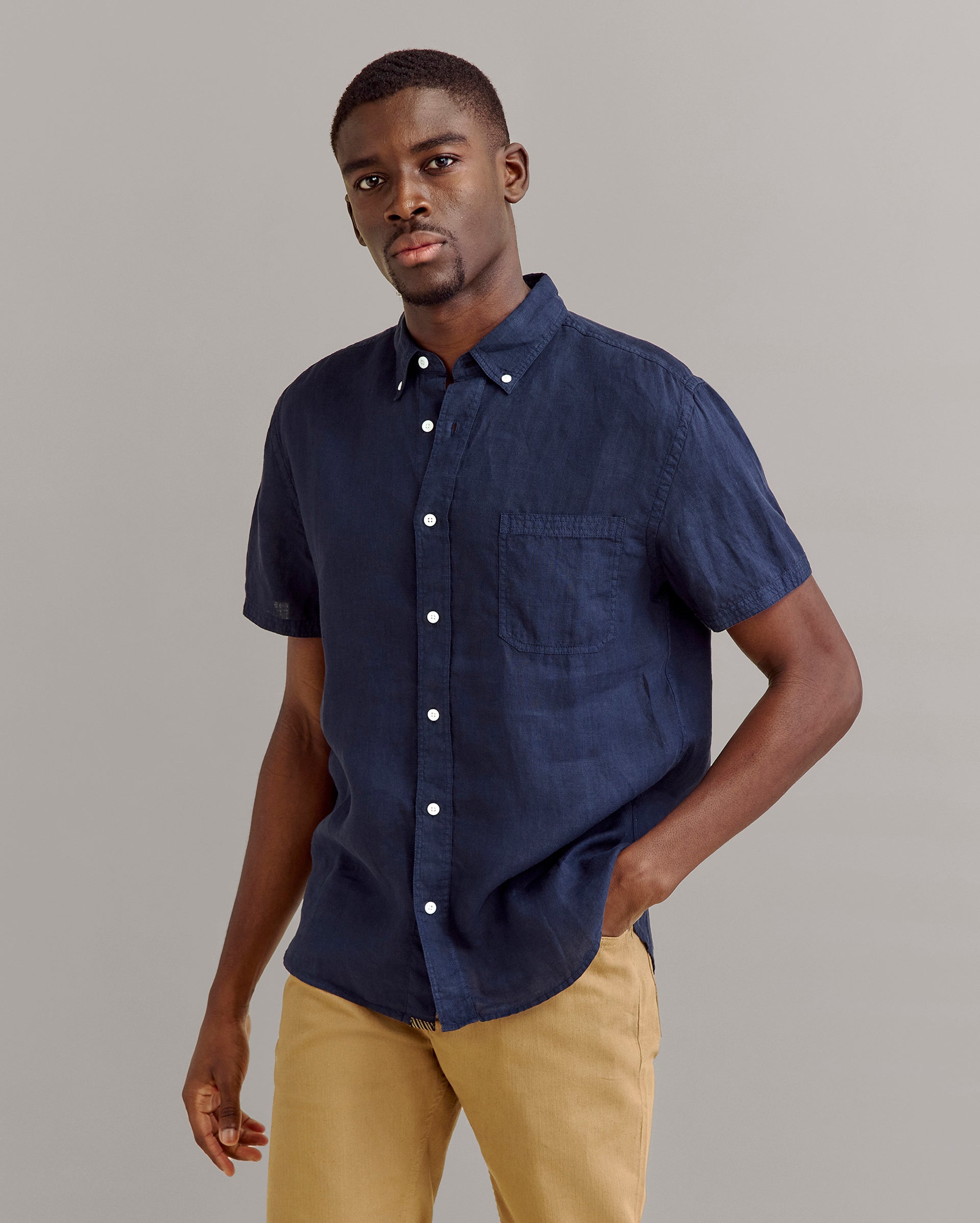 Short Sleeve Linen Tuscumbia Shirt Button Down Carbon Blue Billy Reid