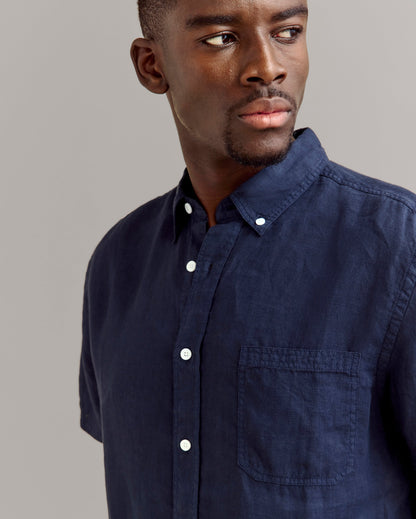 Short Sleeve Linen Tuscumbia Shirt Button Down Carbon Blue Billy Reid