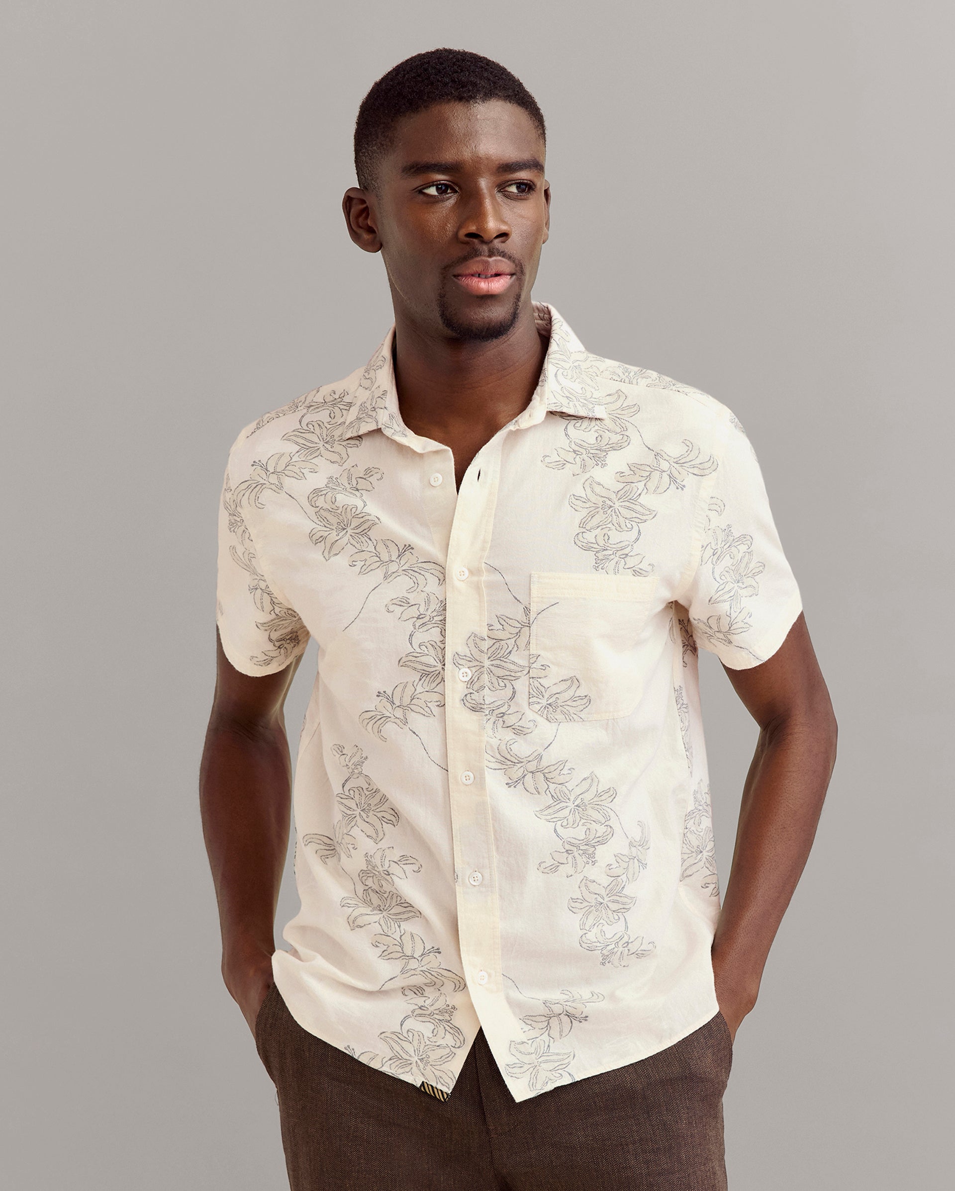 Short Sleeve Watercolor Lily Jacquard Treme Shirt Highway Grey Billy Reid