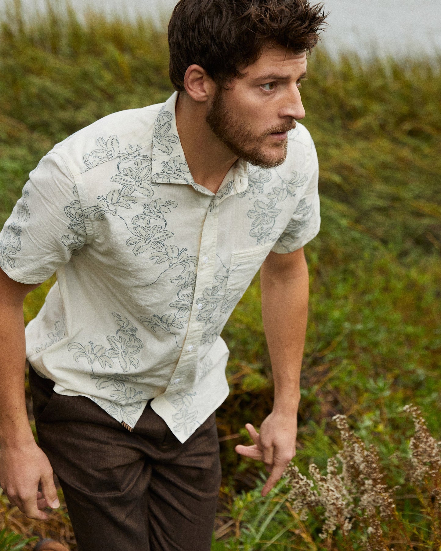 Short Sleeve Watercolor Lily Jacquard Treme Shirt Highway Grey Billy Reid