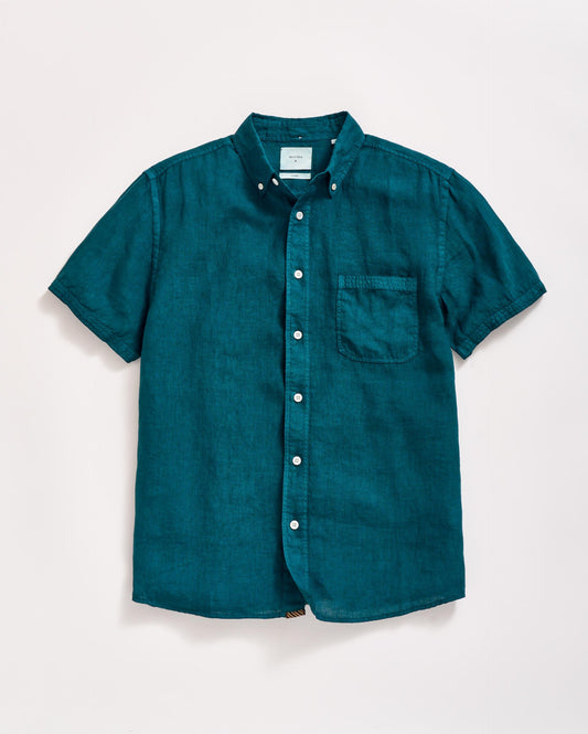 Short Sleeve Linen Tuscumbia Shirt Button Down Deep Teal Billy Reid