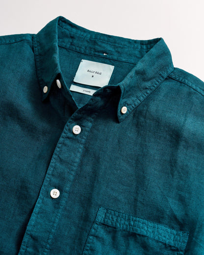 Short Sleeve Linen Tuscumbia Shirt Button Down Deep Teal Billy Reid