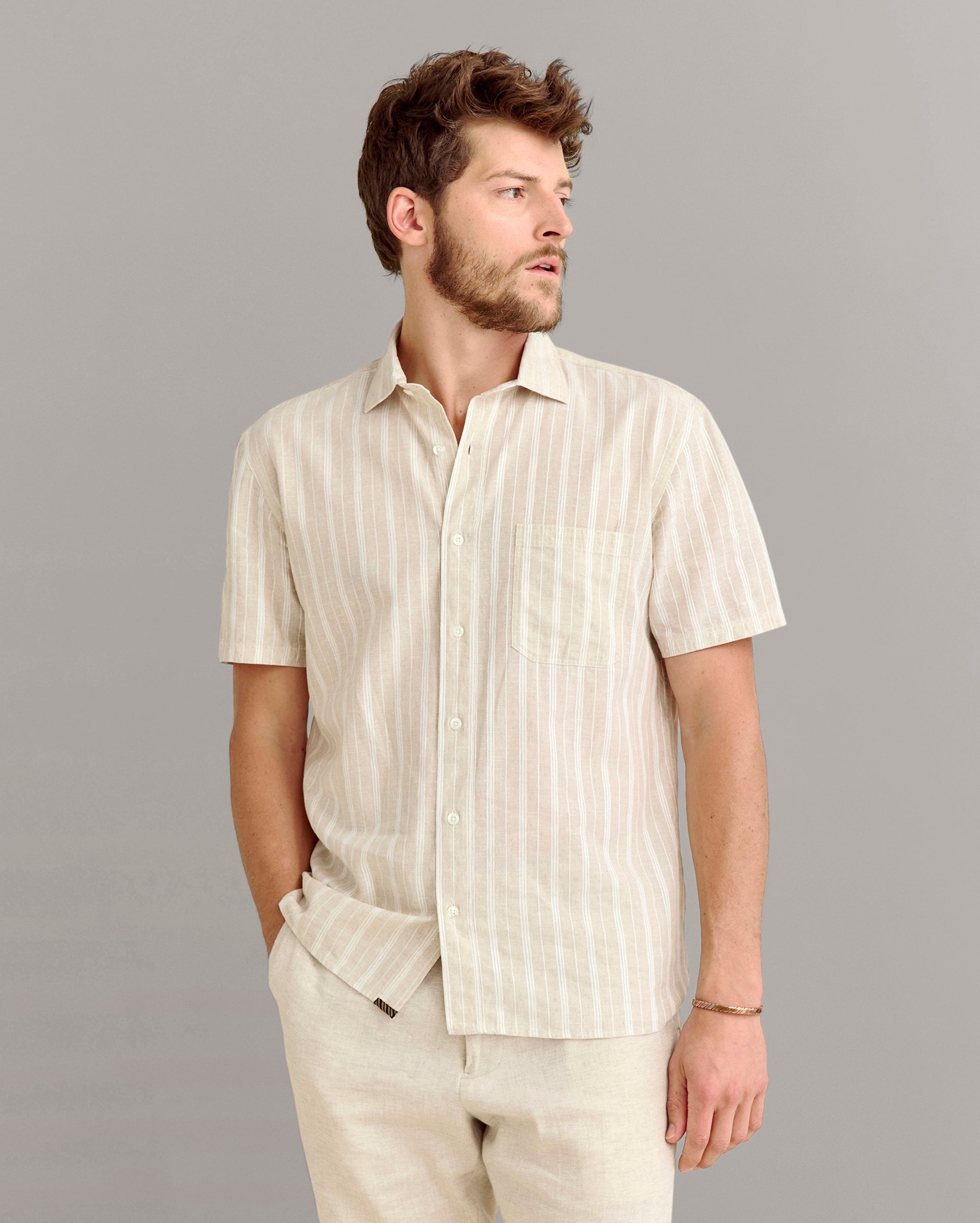 Short Sleeve Barre Stripe Treme Shirt Natural Billy Reid