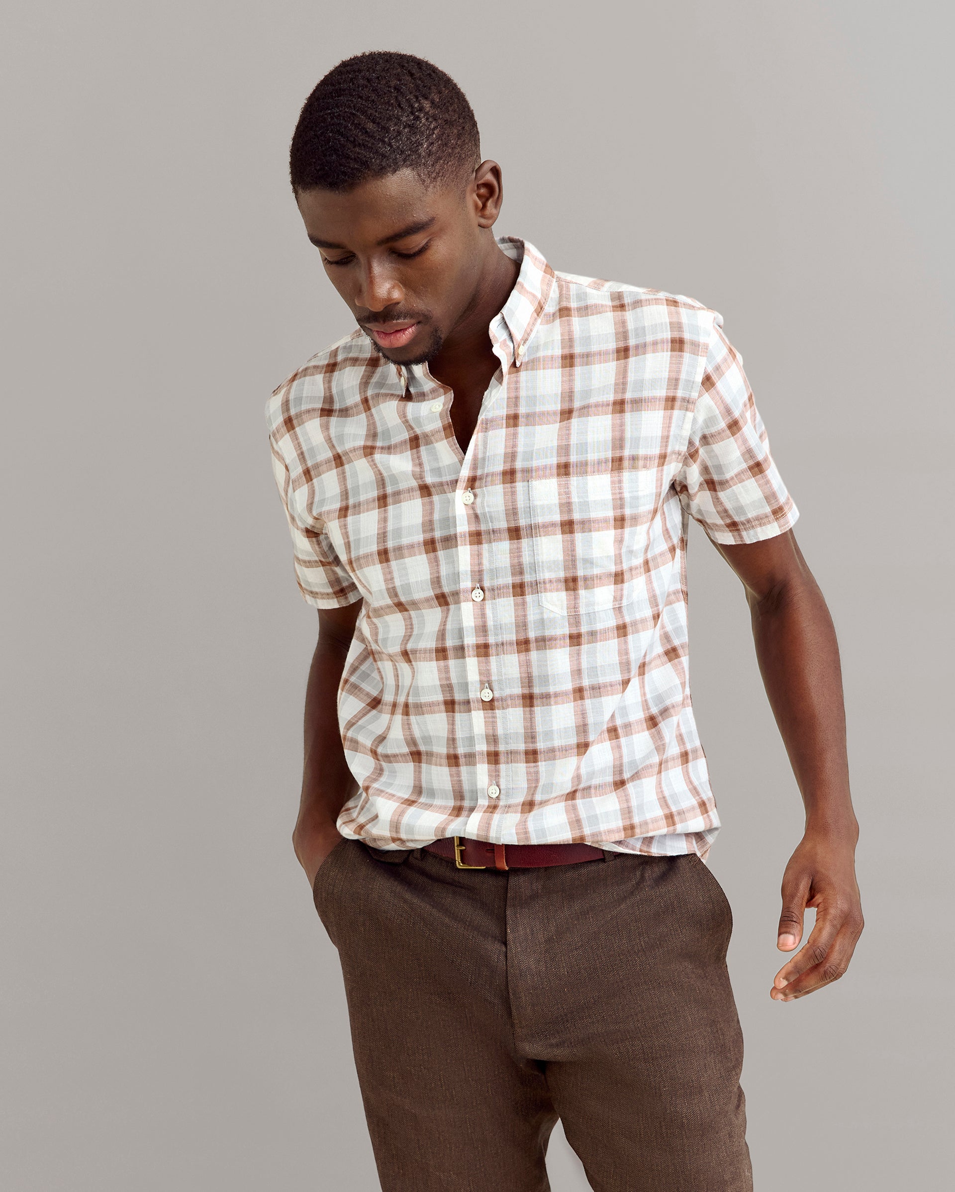 Short Sleeve Tattersail Plaid Tuscumbia Shirt Button Down Oak/Multi Billy Reid