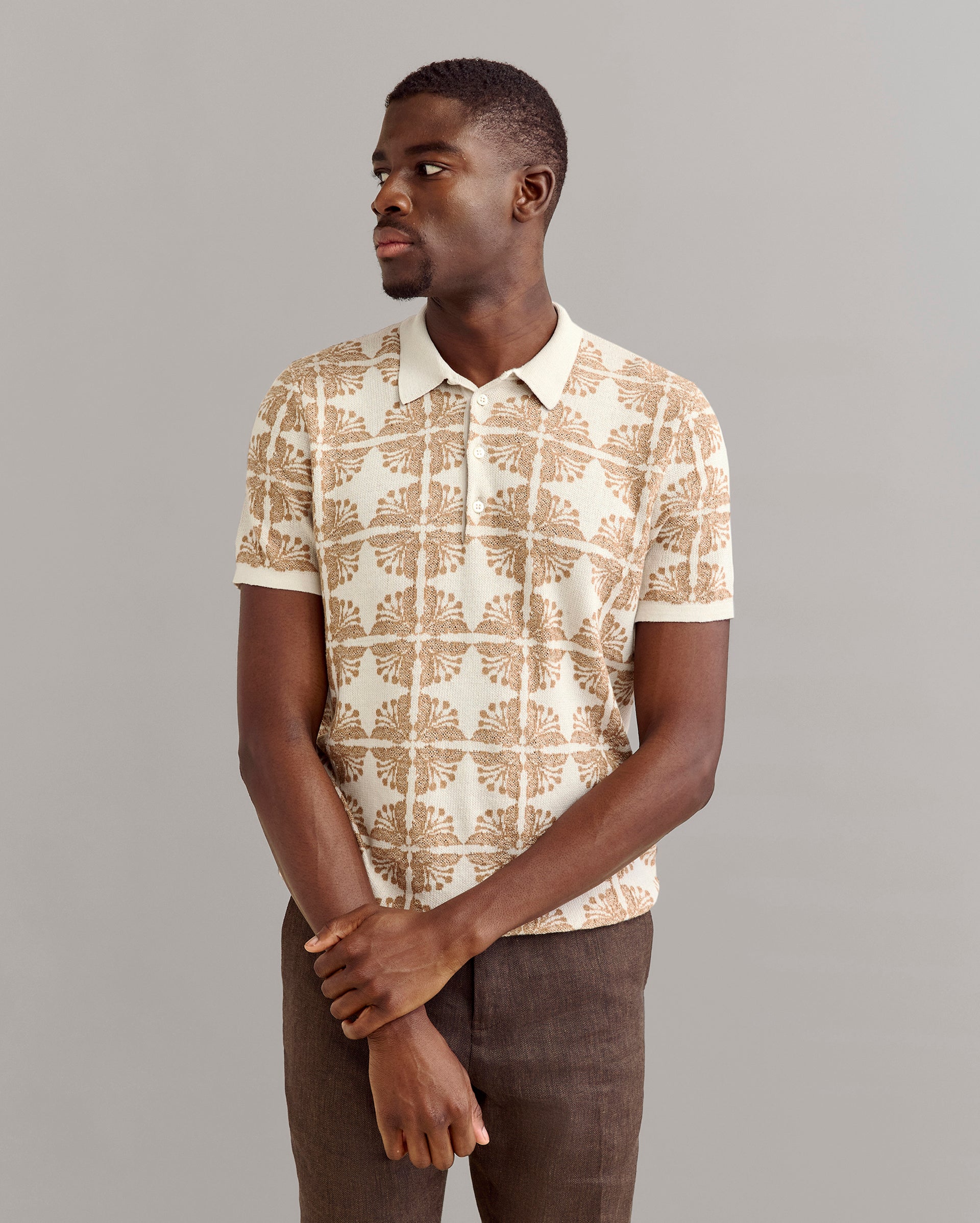 Tile Jacquard Sweater Polo Pumice Billy Reid