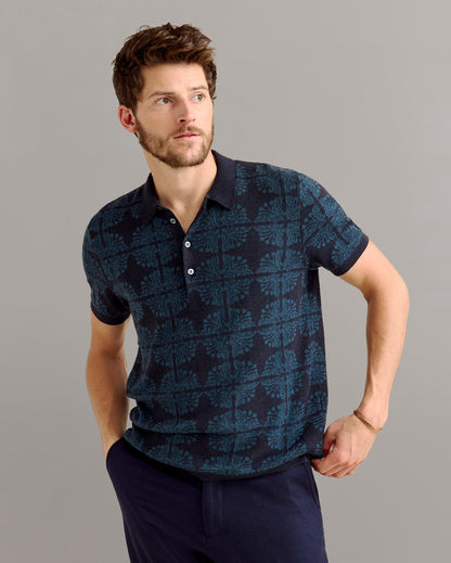 Tile Jacquard Sweater Polo Carbon Blue Billy Reid
