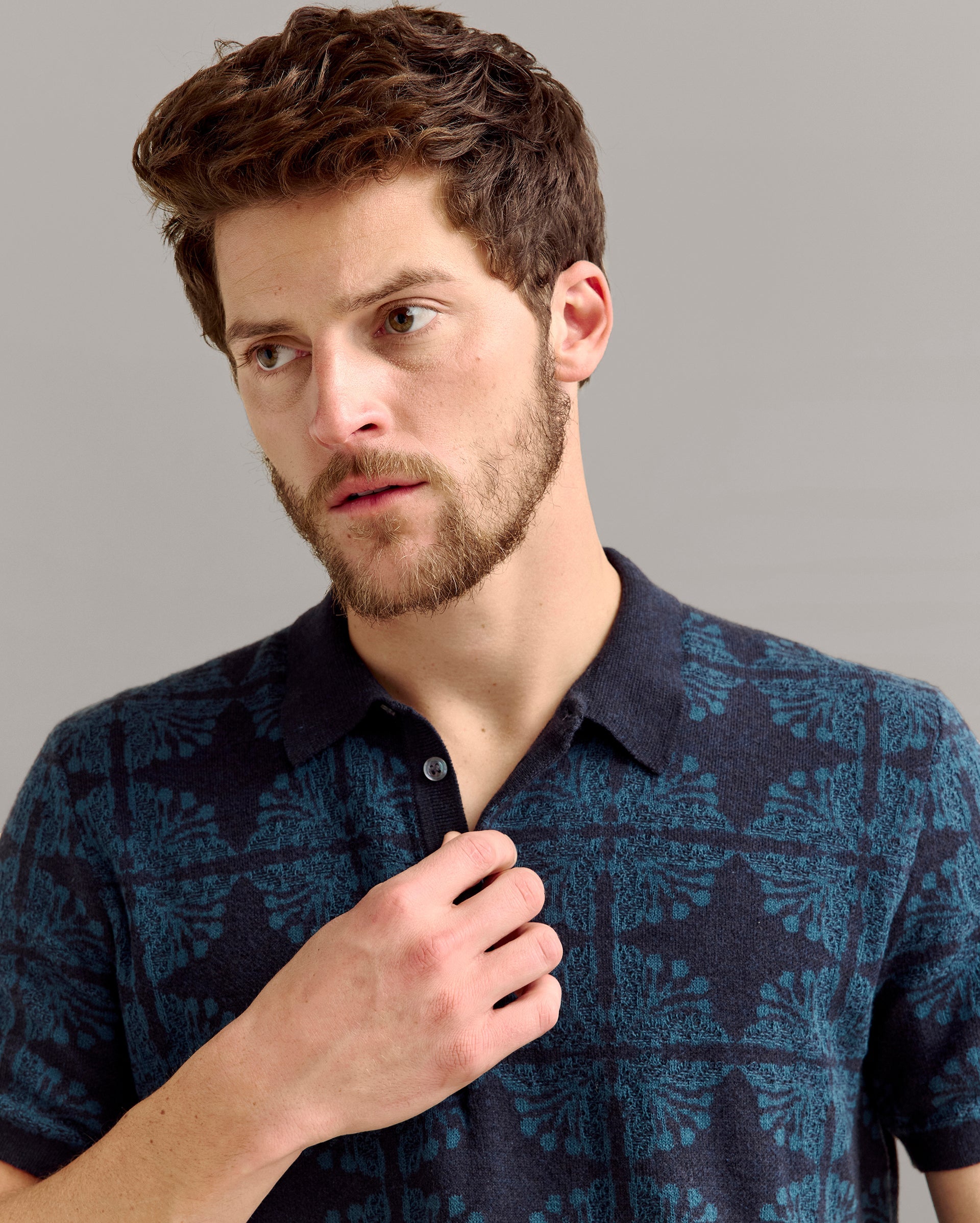 Tile Jacquard Sweater Polo Carbon Blue Billy Reid