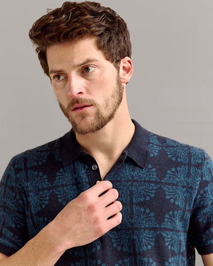 Tile Jacquard Sweater Polo Carbon Blue Billy Reid