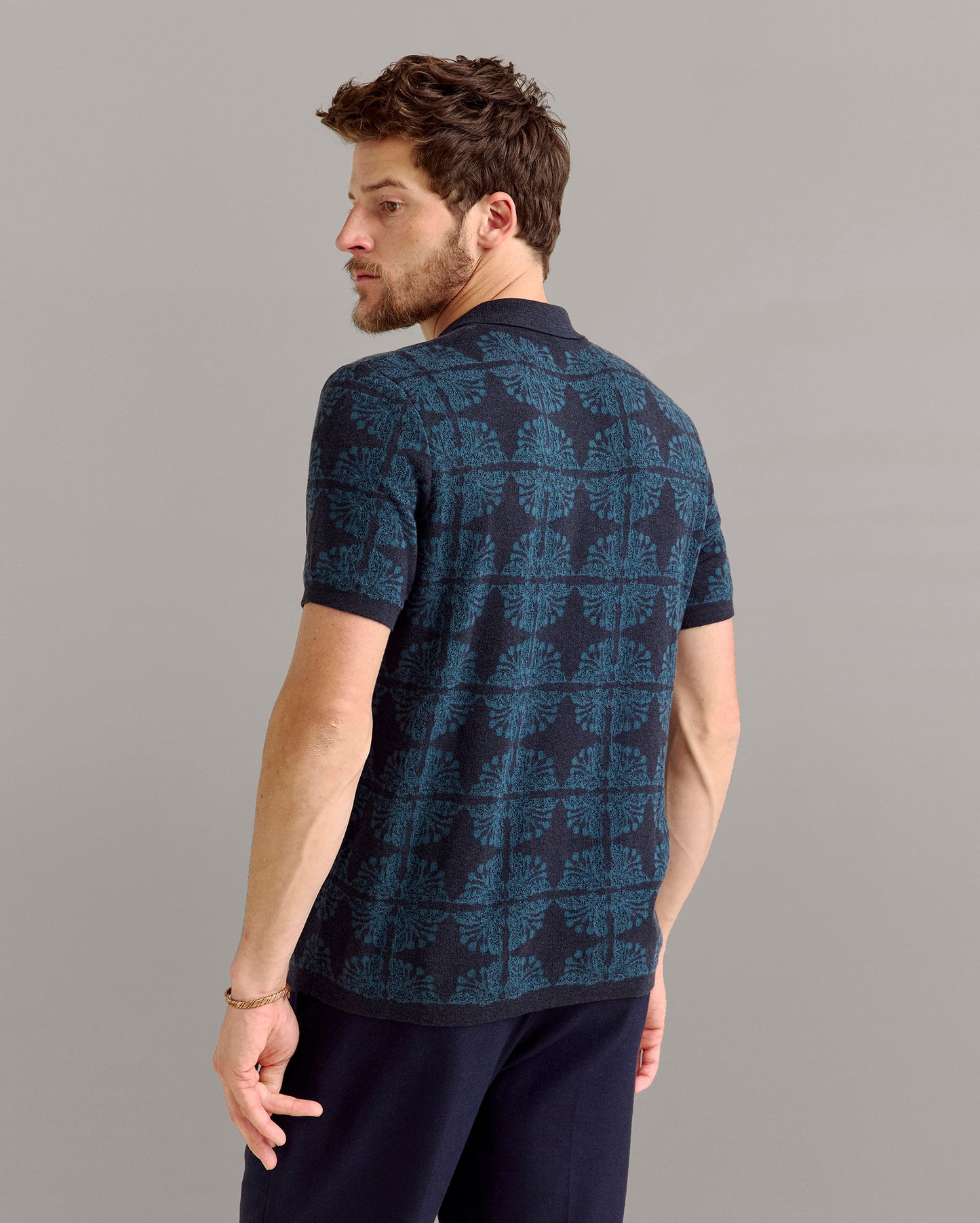 Tile Jacquard Sweater Polo Carbon Blue Billy Reid