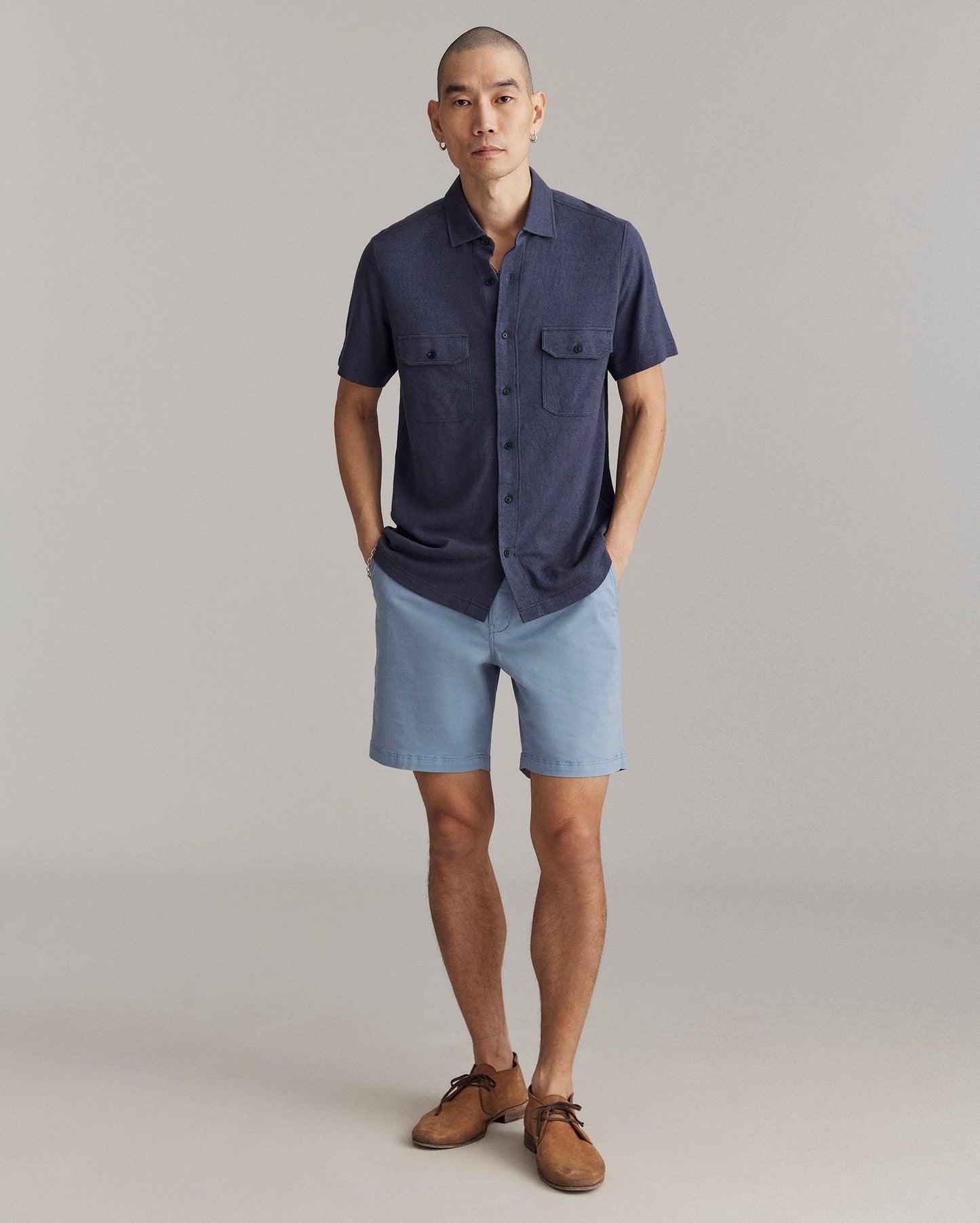 Short Sleeve Hemp Cotton Knit Shirt Navy Billy Reid