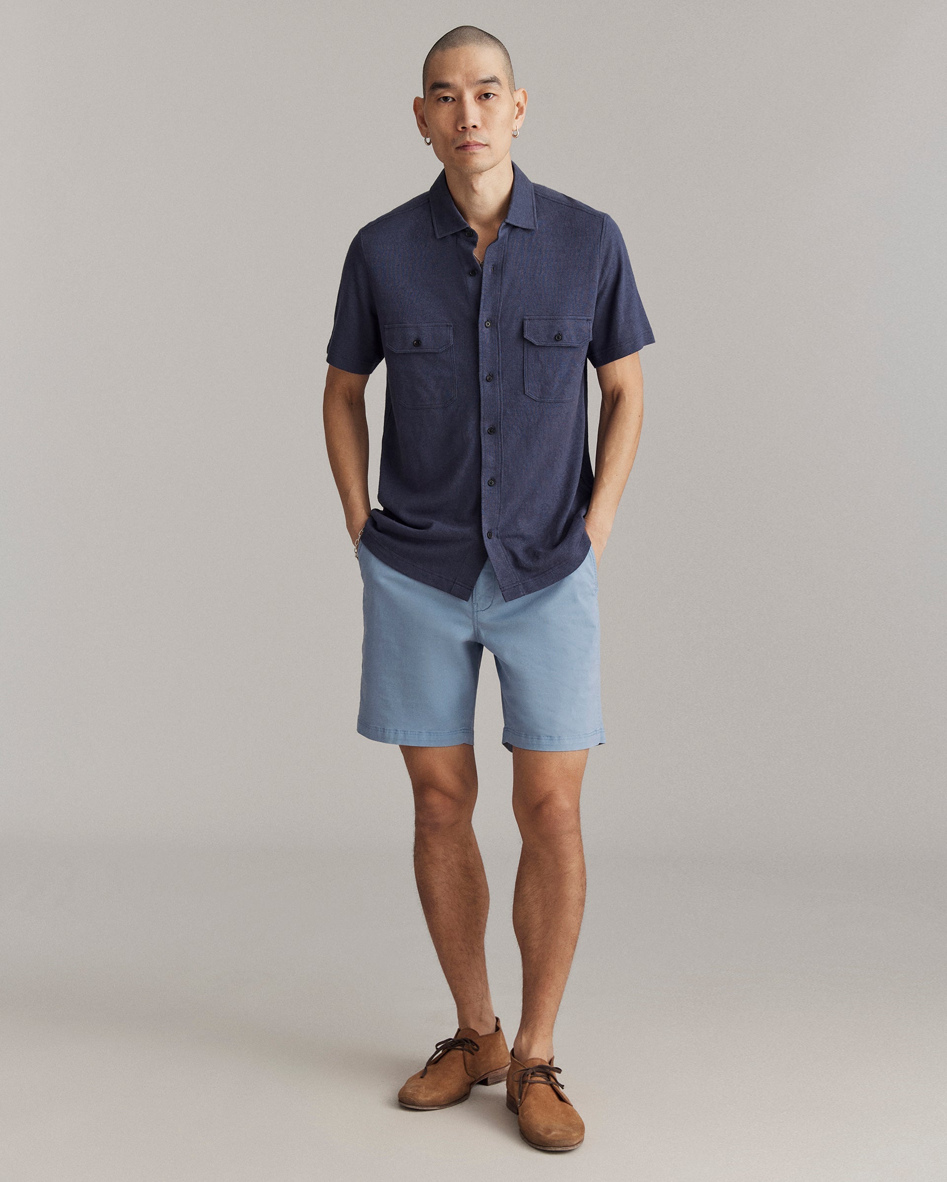 Short Sleeve Hemp Cotton Knit Shirt Navy Billy Reid