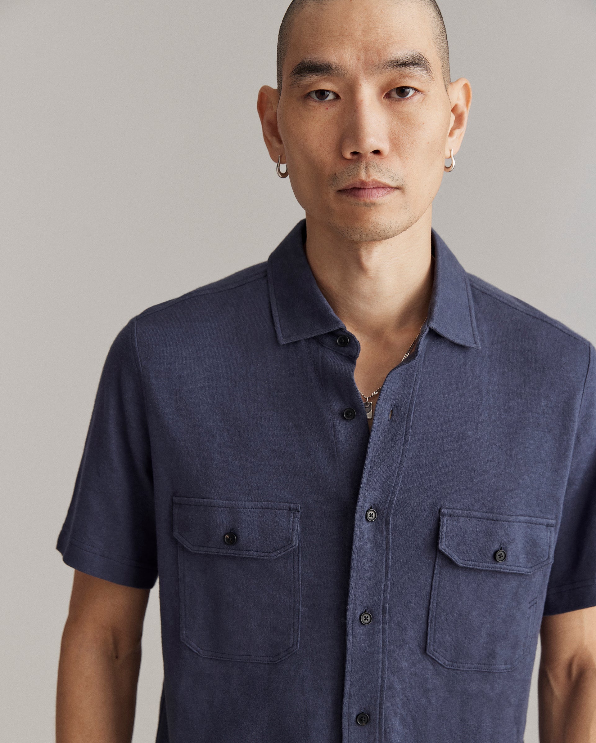 Short Sleeve Hemp Cotton Knit Shirt Navy Billy Reid