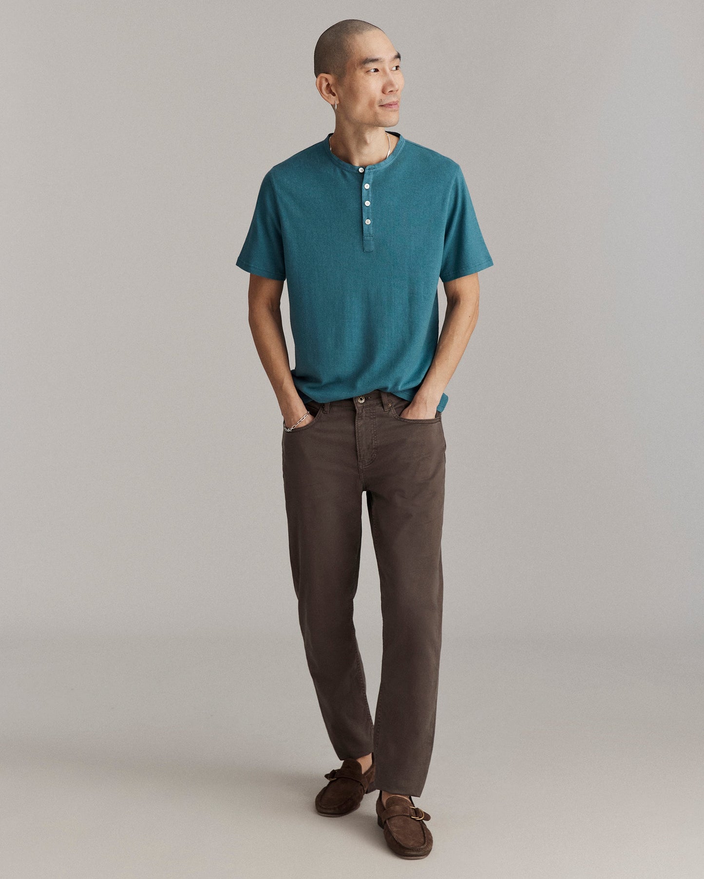 Short Sleeve Hemp Cotton Henley Washed Lake Blue Billy Reid