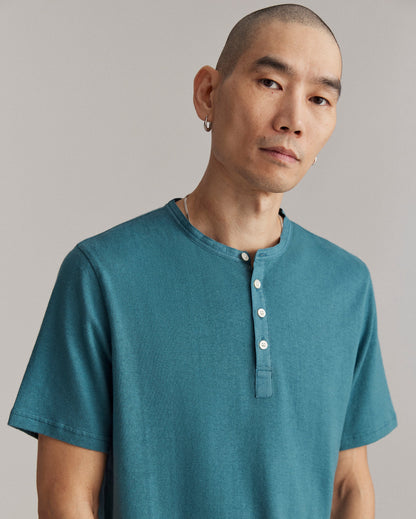 Short Sleeve Hemp Cotton Henley Washed Lake Blue Billy Reid