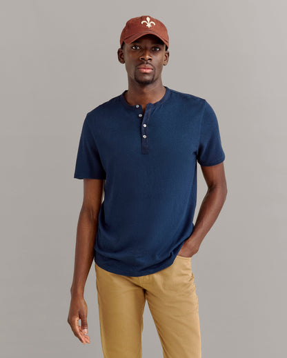 Short Sleeve Hemp Cotton Henley Carbon Blue Billy Reid
