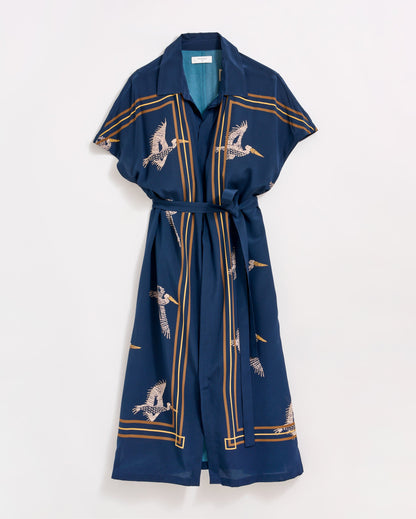 Silk Pelican Scarf Print Shirt Dress Navy/Gold Billy Reid