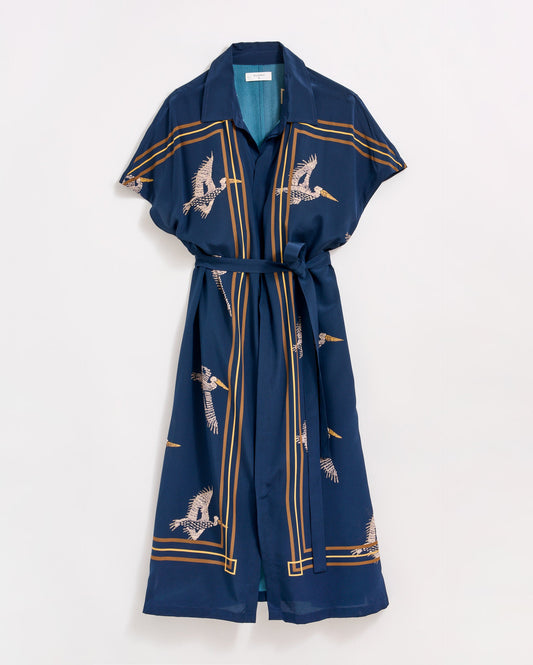 Silk Pelican Scarf Print Shirt Dress Navy/Gold Billy Reid
